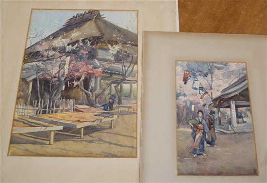 Lauriston Eustace Conder (1863-1935), two watercolours, Figures beside Japanese temples, signed, 38 x 28cm